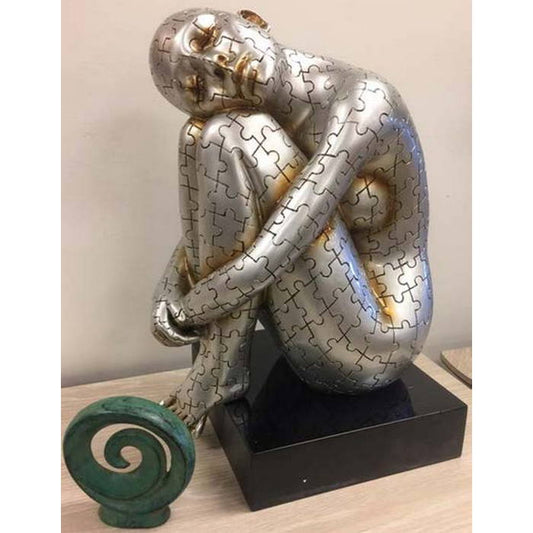 Sitting Jigsaw Lady Sculpture - Antique Silver - Paulas Home & Living