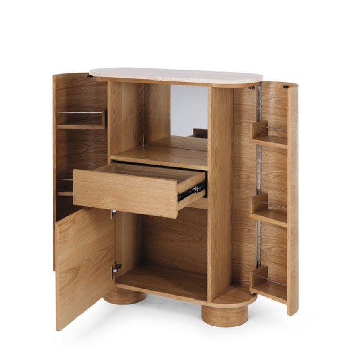 Akita Bar Cabinet - Travertine Top & Oak - 1100h - Paulas Home & Living
