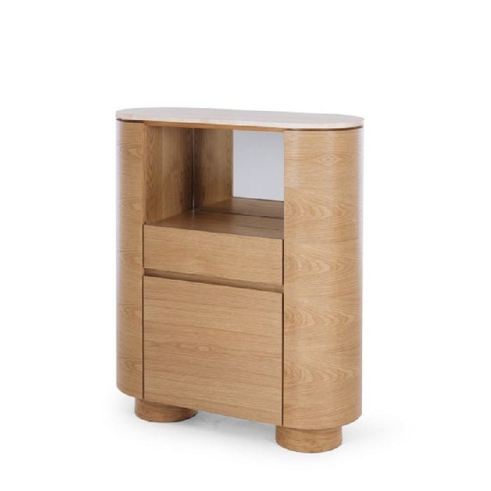 Akita Bar Cabinet - Travertine Top & Oak - 1100h - Paulas Home & Living