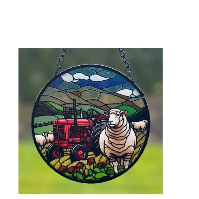 Tractor & Sheep Stained Glass Hanger 115dia - Paulas