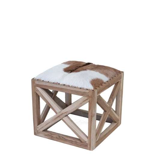 Square Goatskin Leather Stool or Ottoman